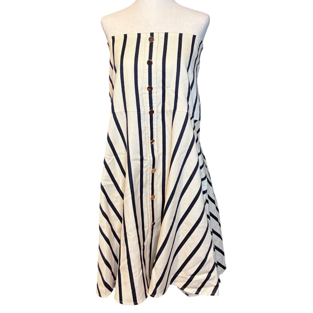 Veronica Beard Strapless Striped Button Front Dress Navy Cream Metallic Size 8